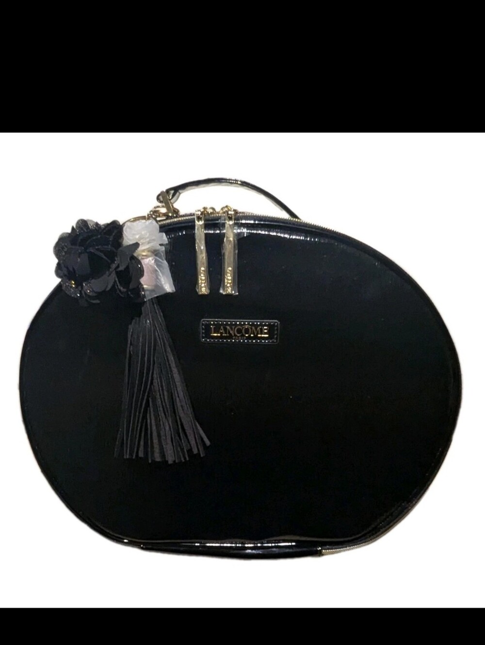 NWOT Lancôme Cosmetic Makeup Bag  Round Tassel Flower Charm Black & Gold Travel